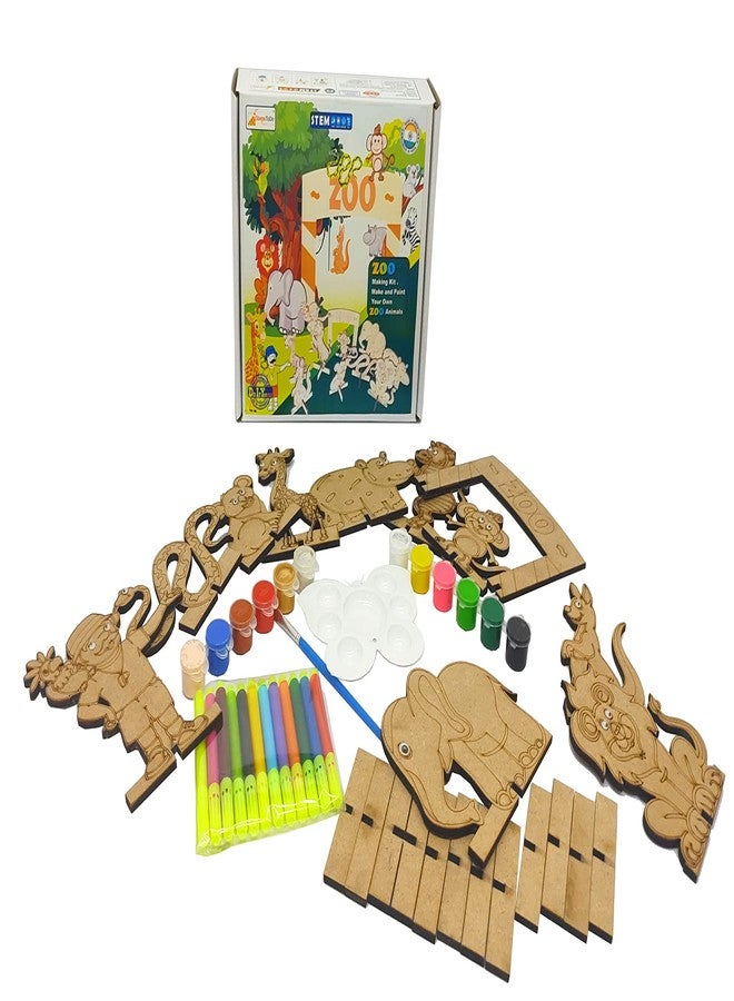 StepsToDo (with device) StepsToDo Zoo Making Kit Make and Paint Your Own Zoo Animals. Set of 10 Zoo Animals with Standee, 1 Ring Master, 1 Zoo Banner, 12 Bright Painting Colour, 12 Sketch Pen, and Unlimited Fun - Image 1